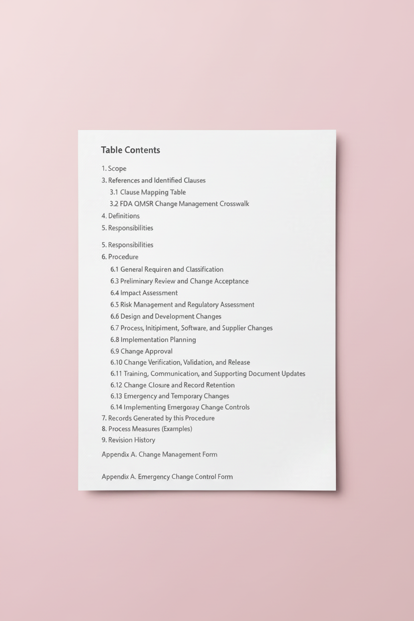 Medical Device Change Management SOP Template – QMSR Compatible