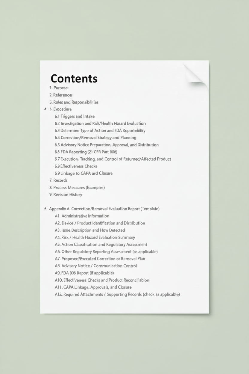 Medical Device Corrections and Removals Procedure Template – QMSR Compatible